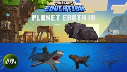 The kay art for the Planet Earth III DLC. It's divided in two parts; the top half shows an impala and two oxen. The lower half shows a shark and a seal swimming underwater.