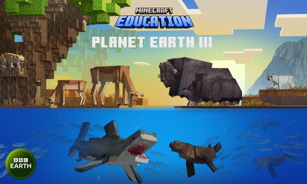 Minecraft-created land and sea animals with text that reads Minecraft Education Planet Earth III